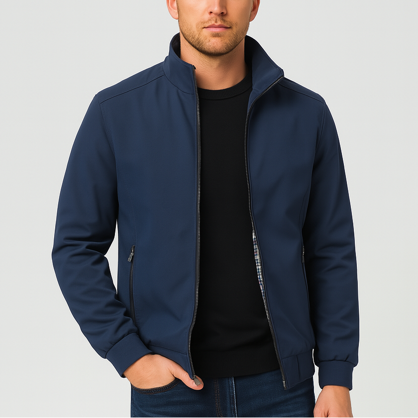 Men's Bomber Jacket with Checked Lining and Ribbed Trims for Casual Wear