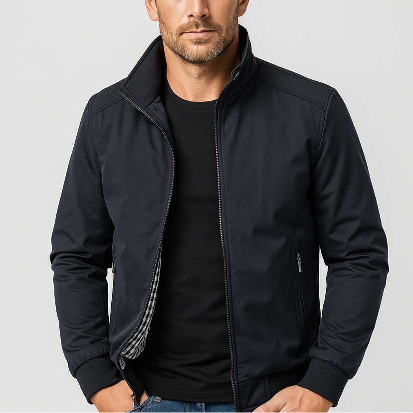 Men's Bomber Jacket with Checked Lining and Ribbed Trims for Casual Wear