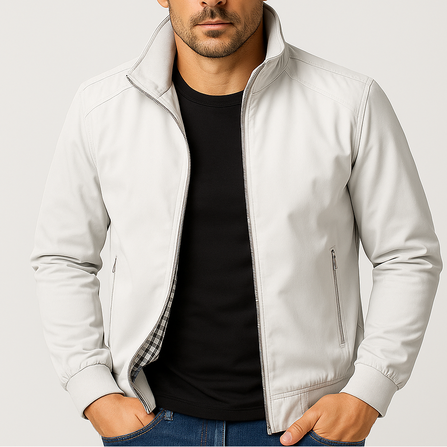 Men's Bomber Jacket with Checked Lining and Ribbed Trims for Casual Wear