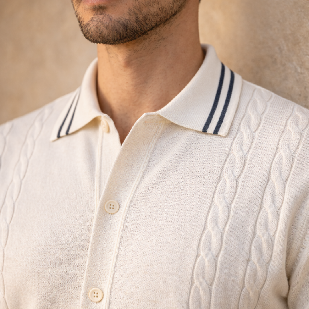 Men's Cable Knit Polo Shirt - Short Sleeve, Casual Style for Everyday Wear