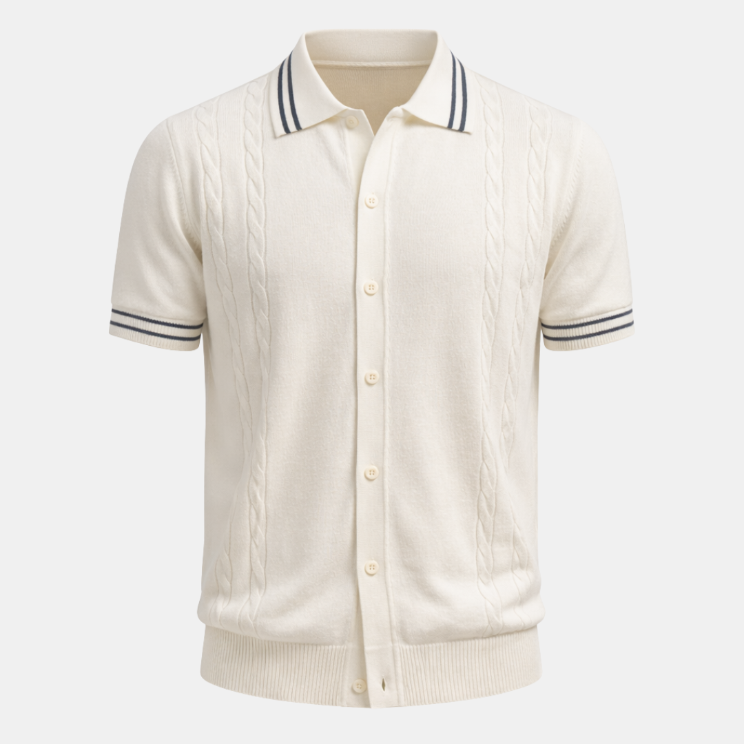 Men's Cable Knit Polo Shirt - Short Sleeve, Casual Style for Everyday Wear