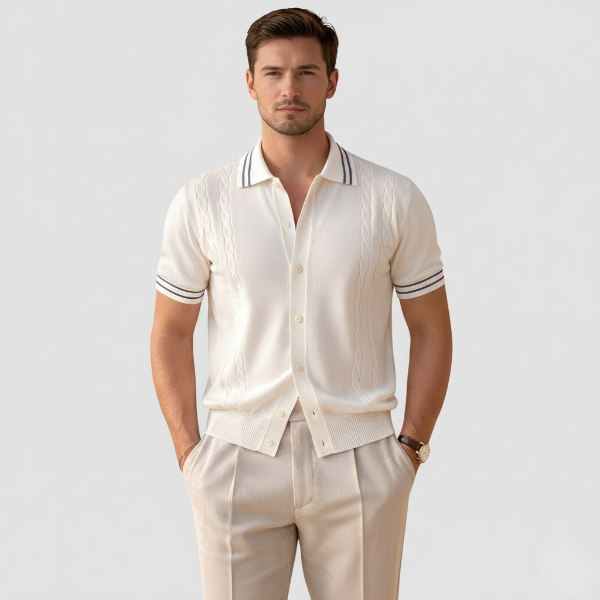 Men's Cable Knit Polo Shirt - Short Sleeve, Casual Style for Everyday Wear