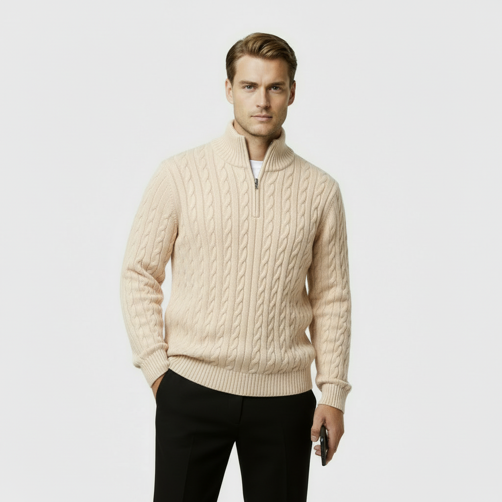 Men's Cable Knit Quarter Zip Sweater - Soft Cotton Blend - Casual Knitwear for Everyday Wear