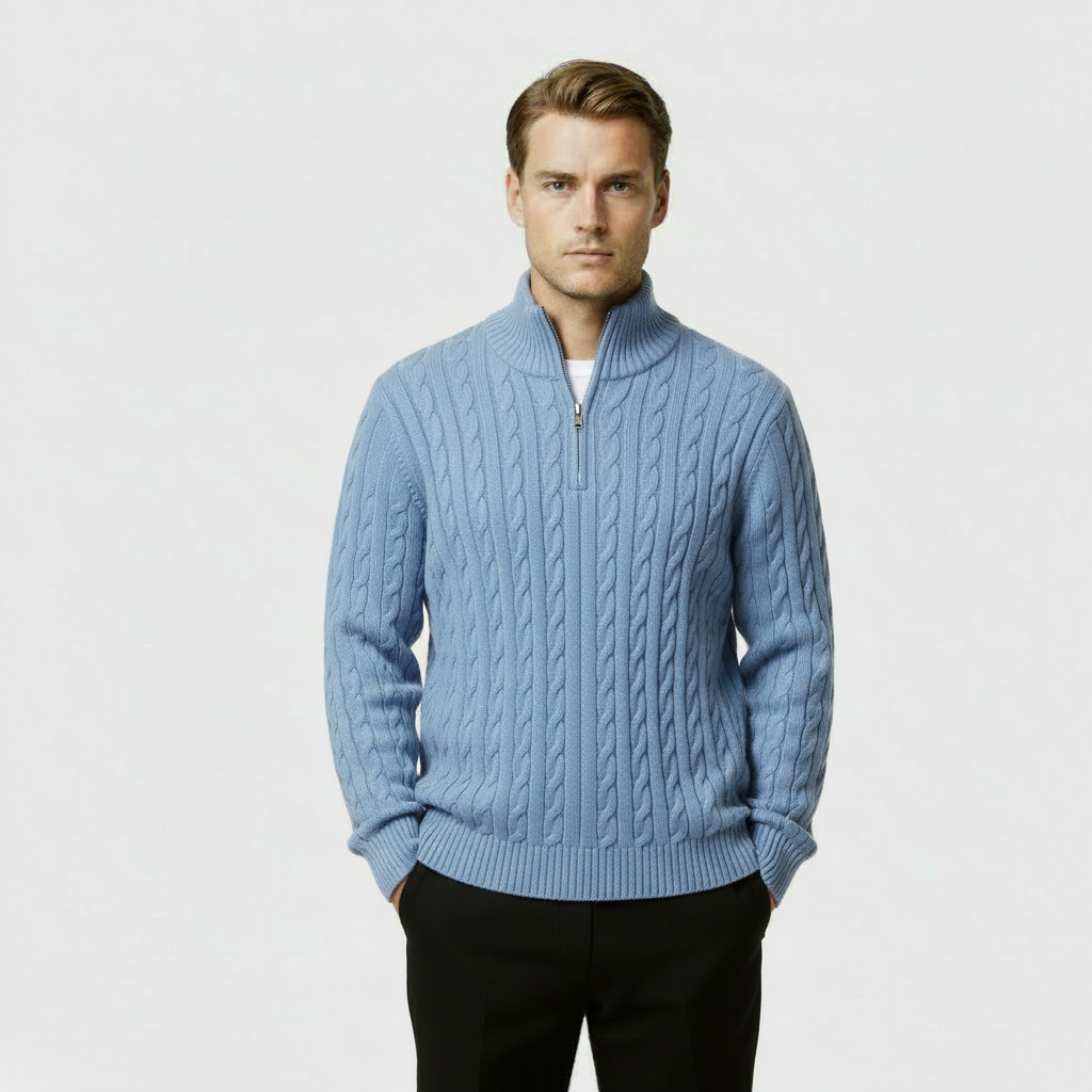 Men's Cable Knit Quarter Zip Sweater - Soft Cotton Blend - Casual Knitwear for Everyday Wear