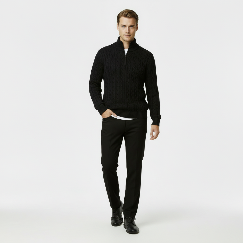 Men's Cable Knit Quarter Zip Sweater - Soft Cotton Blend - Casual Knitwear for Everyday Wear