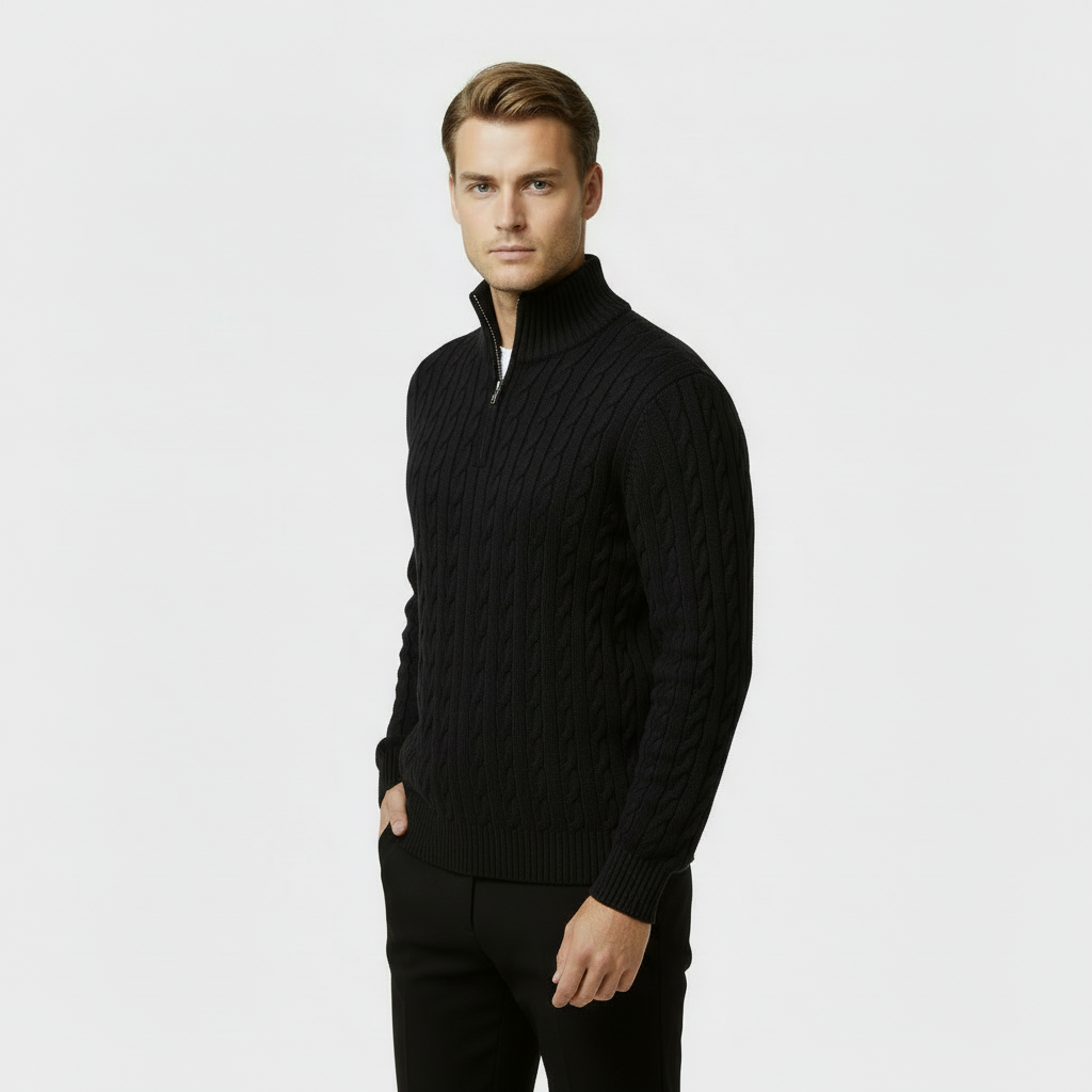 Men's Cable Knit Quarter Zip Sweater - Soft Cotton Blend - Casual Knitwear for Everyday Wear