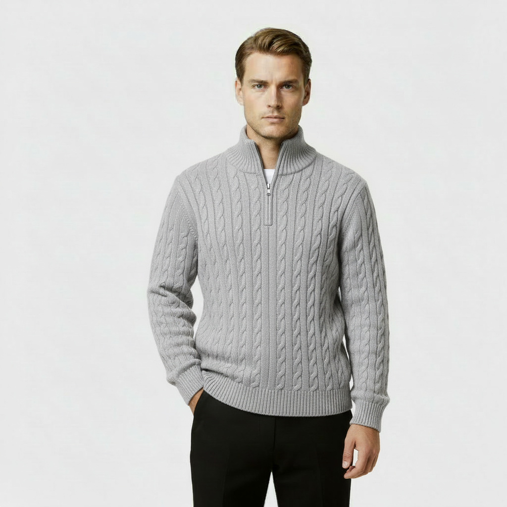 Men's Cable Knit Quarter Zip Sweater - Soft Cotton Blend - Casual Knitwear for Everyday Wear