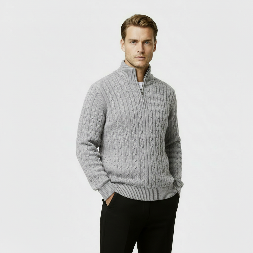 Men's Cable Knit Quarter Zip Sweater - Soft Cotton Blend - Casual Knitwear for Everyday Wear