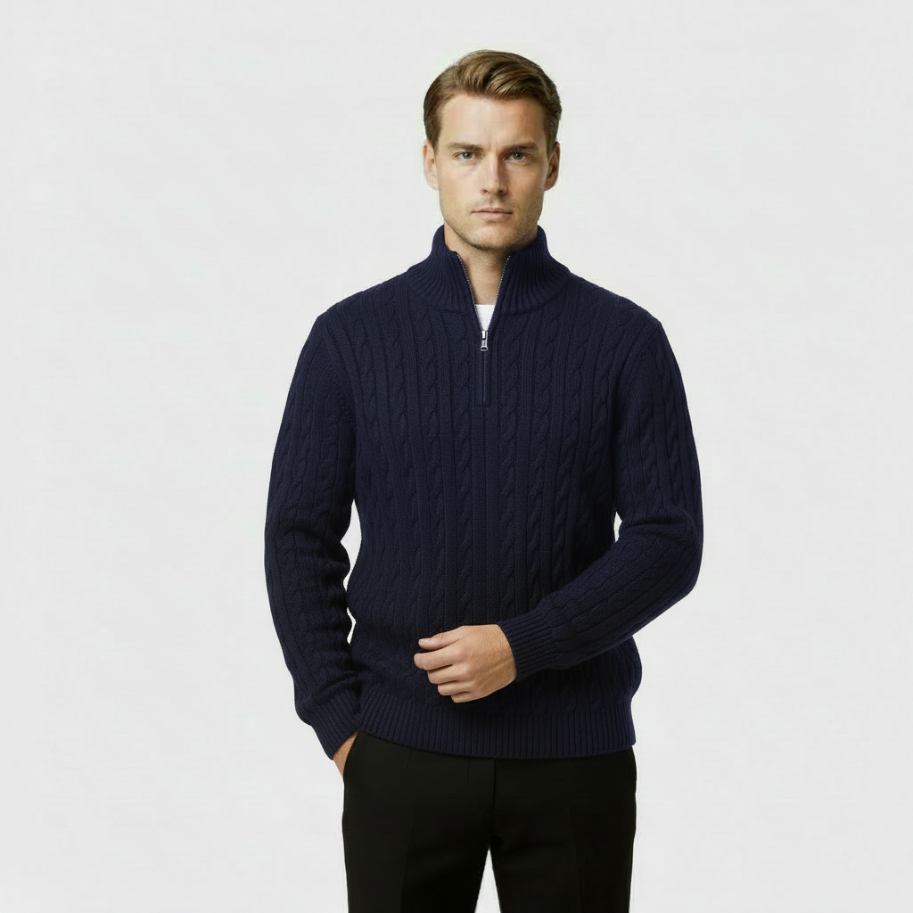 Men's Cable Knit Quarter Zip Sweater - Soft Cotton Blend - Casual Knitwear for Everyday Wear