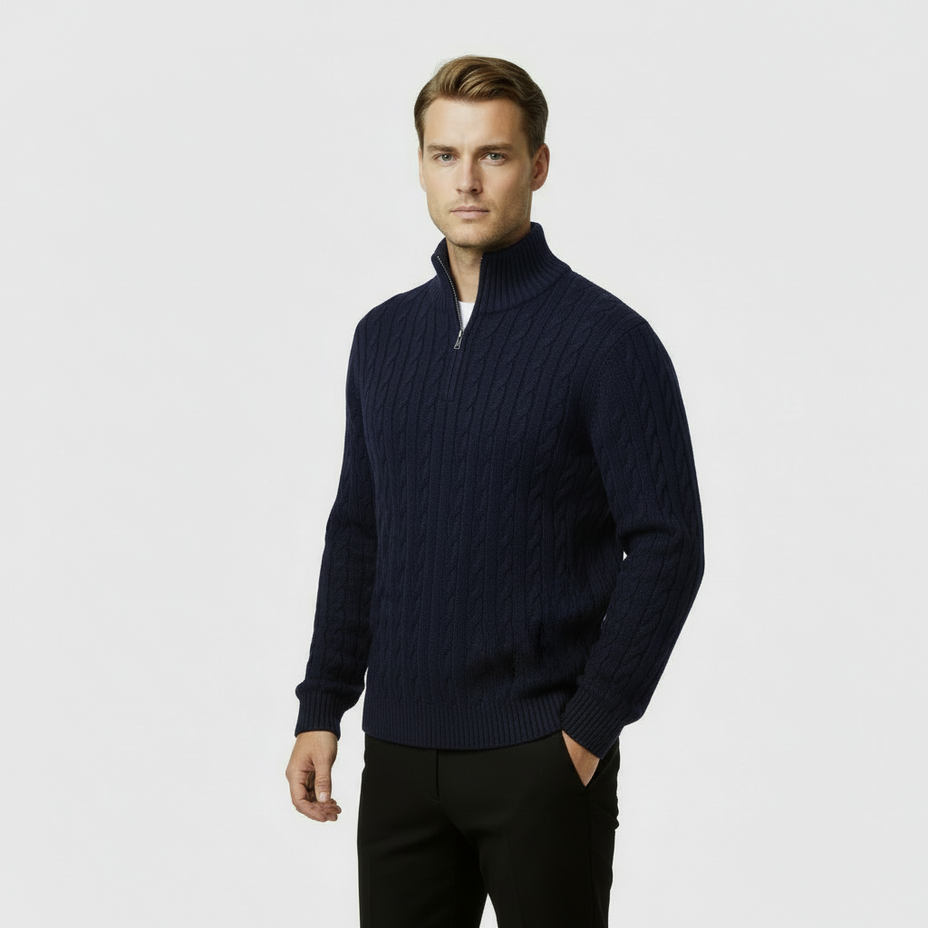 Men's Cable Knit Quarter Zip Sweater - Soft Cotton Blend - Casual Knitwear for Everyday Wear