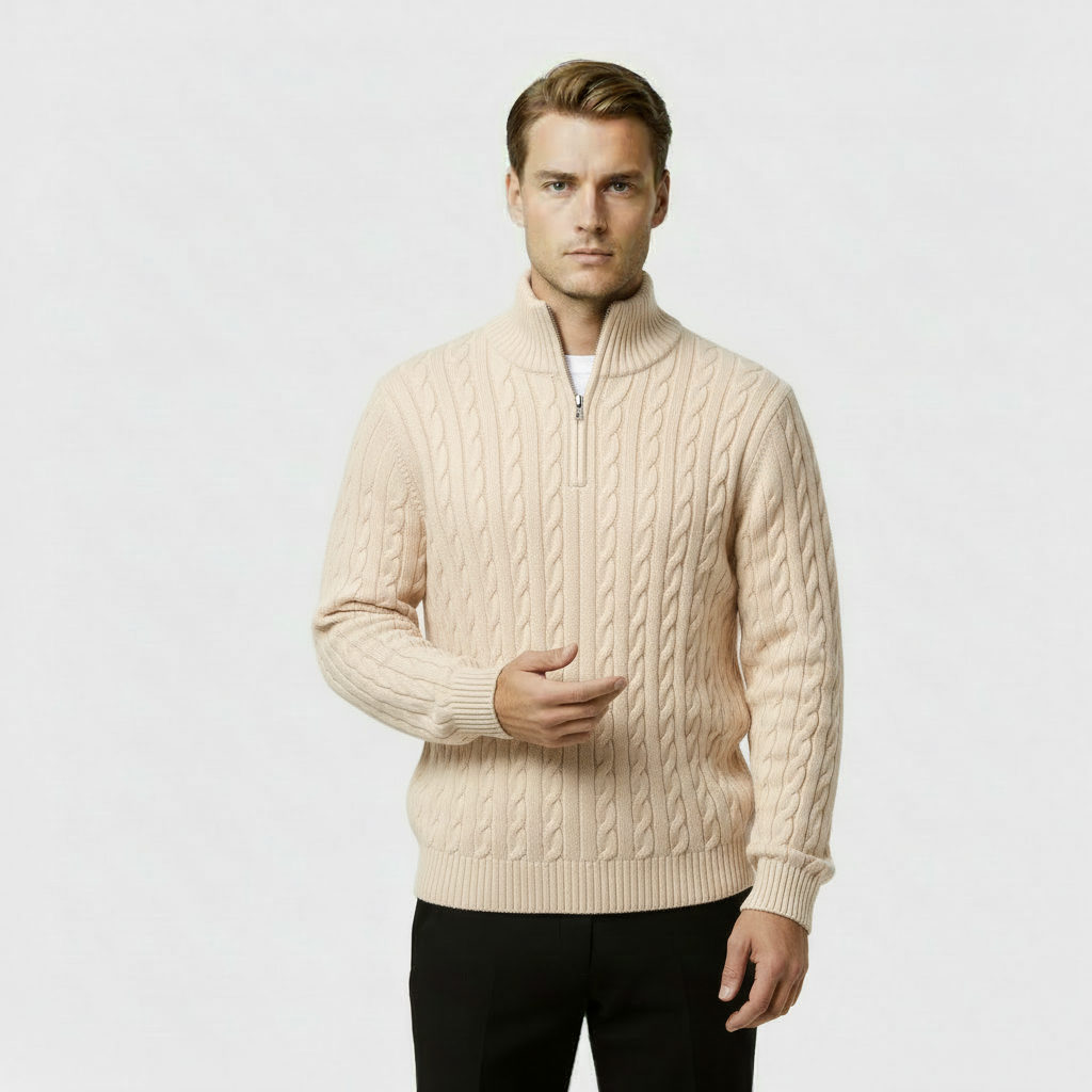 Men's Cable Knit Quarter Zip Sweater - Soft Cotton Blend - Casual Knitwear for Everyday Wear