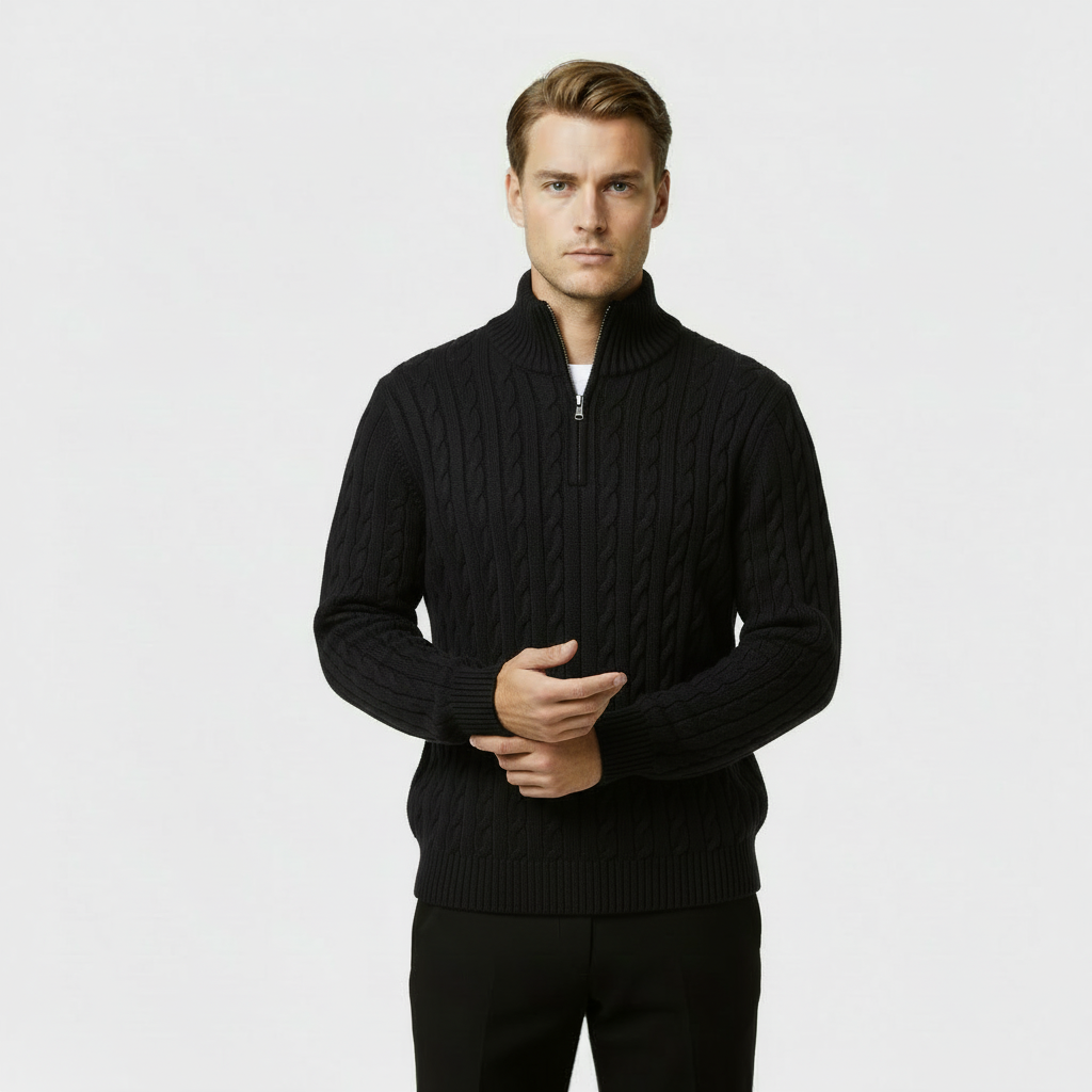 Men's Cable Knit Quarter Zip Sweater - Soft Cotton Blend - Casual Knitwear for Everyday Wear