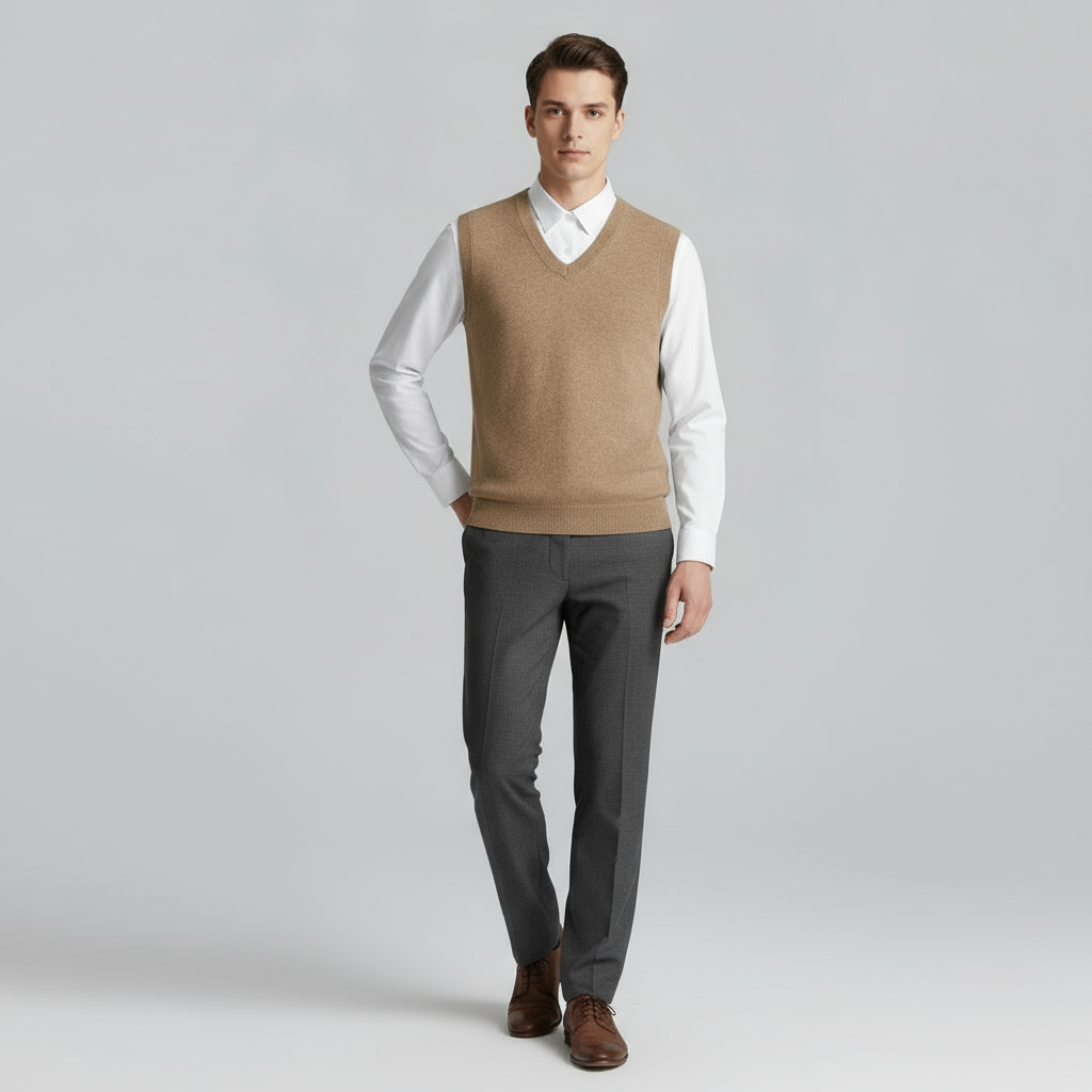 Men's Cashmere V-Neck Sleeveless Vest - Lightweight Sweater for Casual or Formal Wear