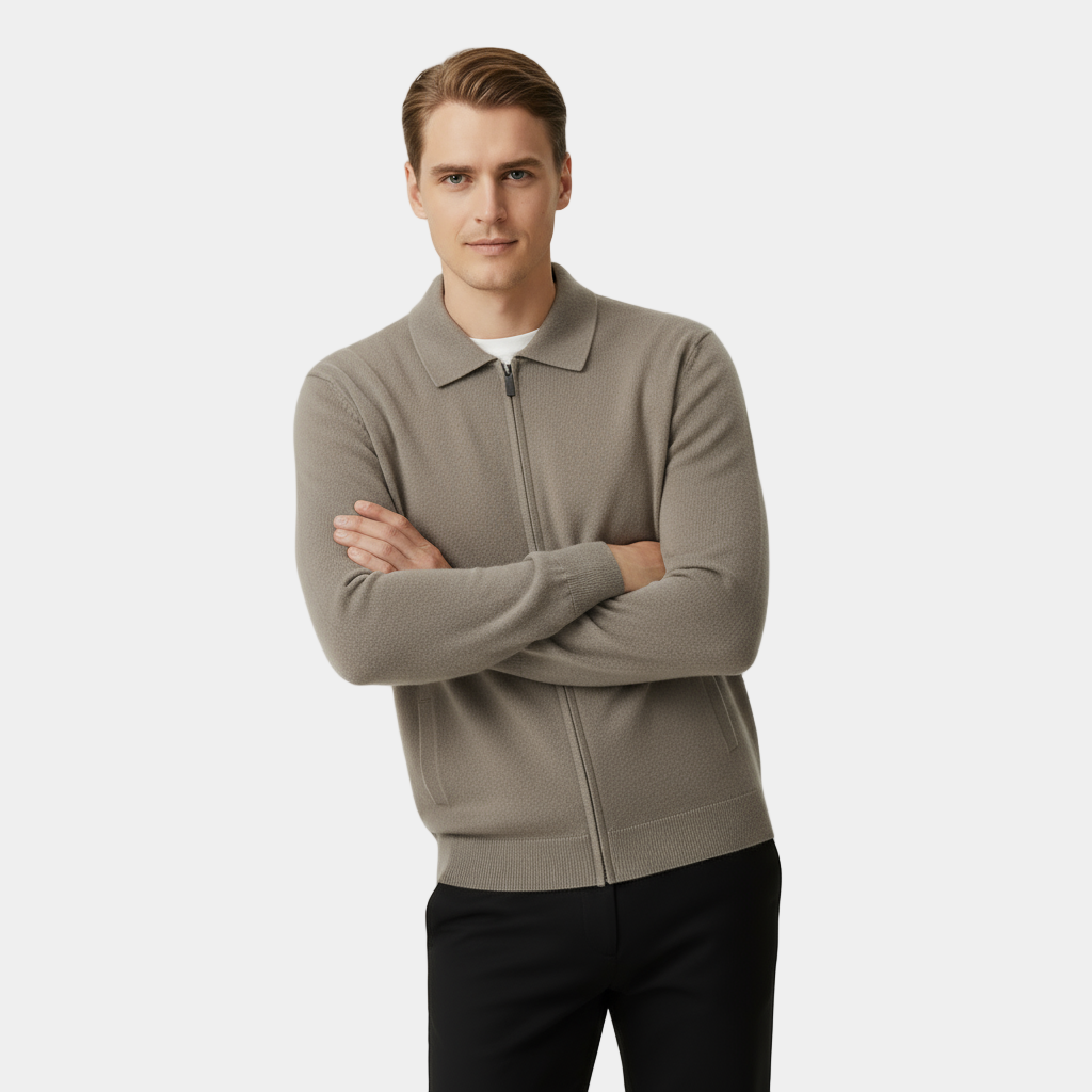 Men's Cashmere Zipper Polo Cardigan - Lightweight Knit Sweater for Casual Wear and Layering