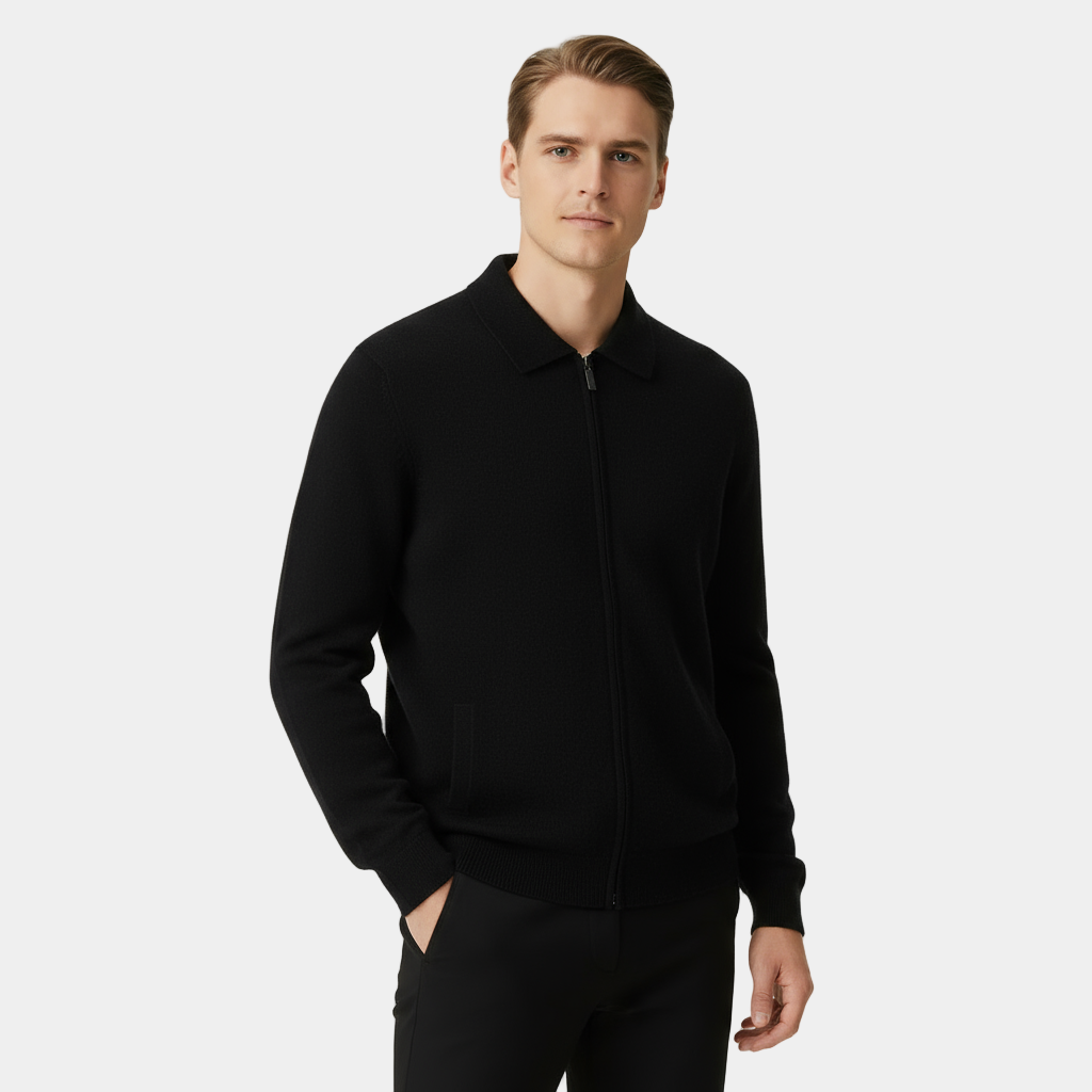 Men's Cashmere Zipper Polo Cardigan - Lightweight Knit Sweater for Casual Wear and Layering