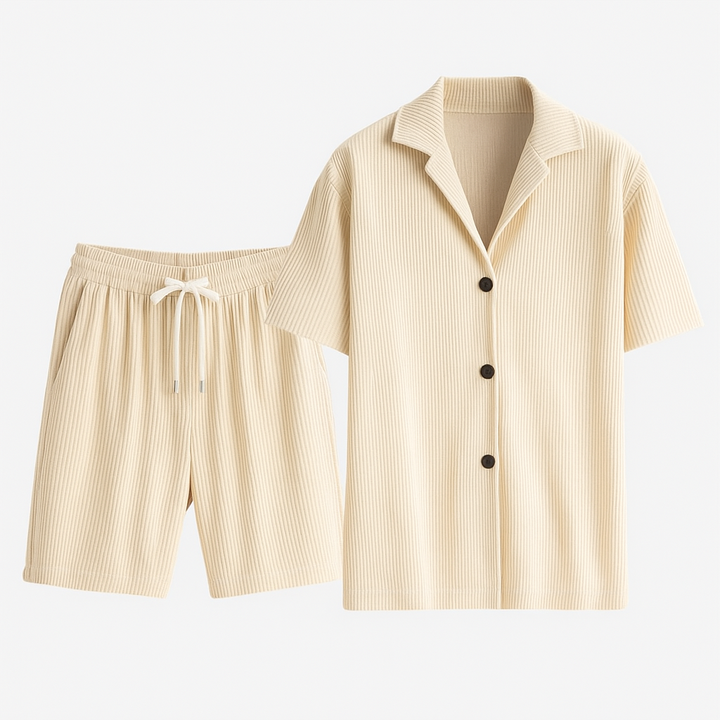 Men's Corduroy Summer Set - Polo Collar Shirt and Shorts for Casual Wear