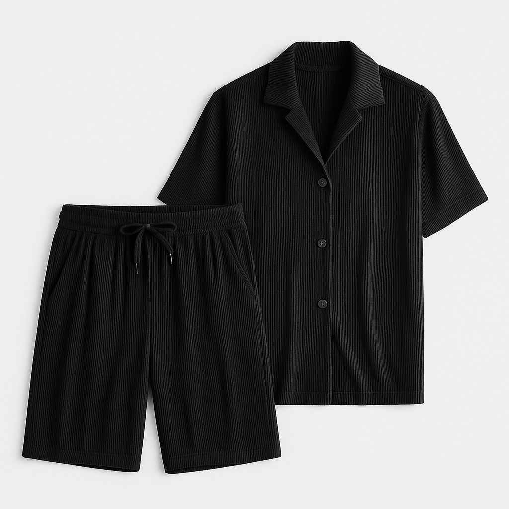 Men's Corduroy Summer Set - Polo Collar Shirt and Shorts for Casual Wear