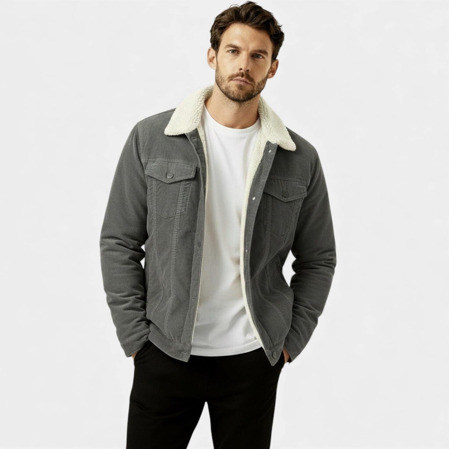 Men's Denim Winter Jacket with Sherpa Lining - Classic Button-Up Style for Cold Weather Wear