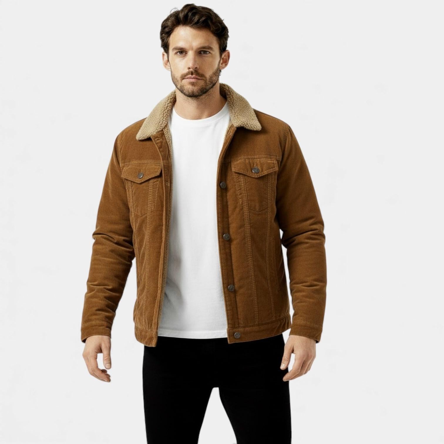 Men's Denim Winter Jacket with Sherpa Lining - Classic Button-Up Style for Cold Weather Wear