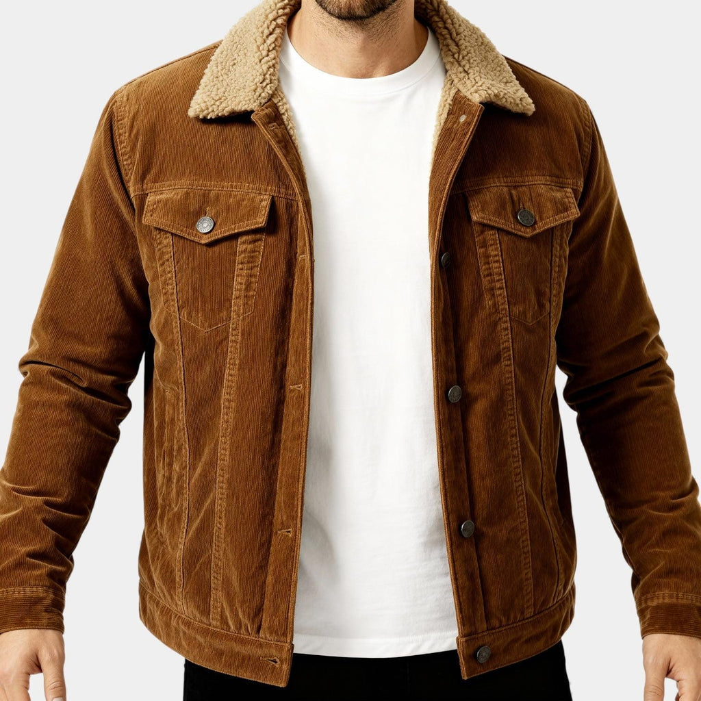 Men's Denim Winter Jacket with Sherpa Lining - Classic Button-Up Style for Cold Weather Wear