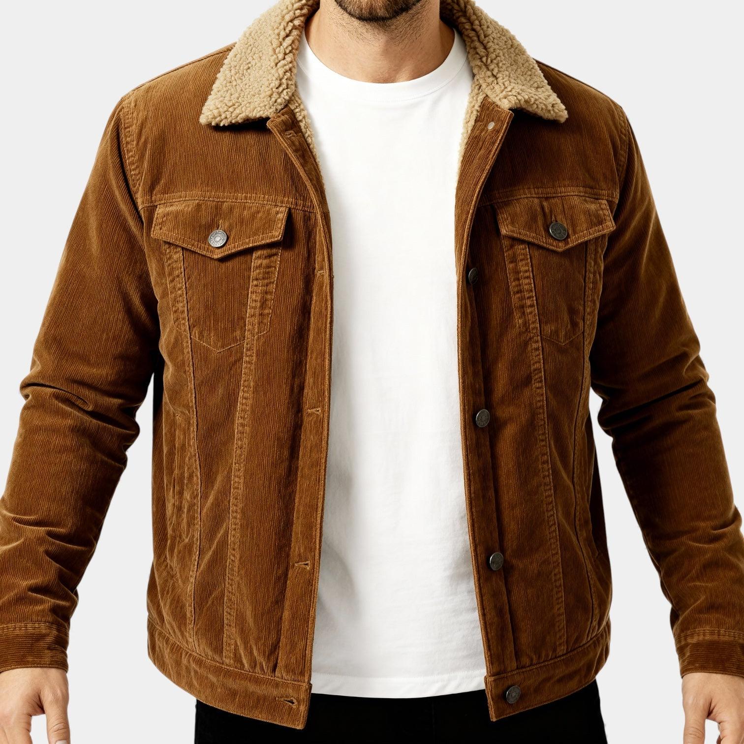 Men's Denim Winter Jacket with Sherpa Lining - Classic Button-Up Style for Cold Weather Wear