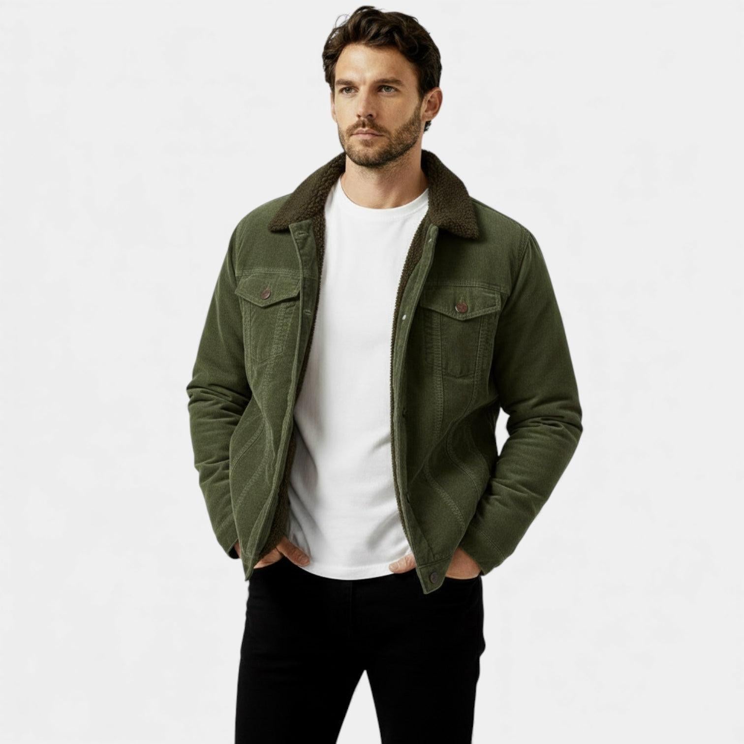 Men's Denim Winter Jacket with Sherpa Lining - Classic Button-Up Style for Cold Weather Wear
