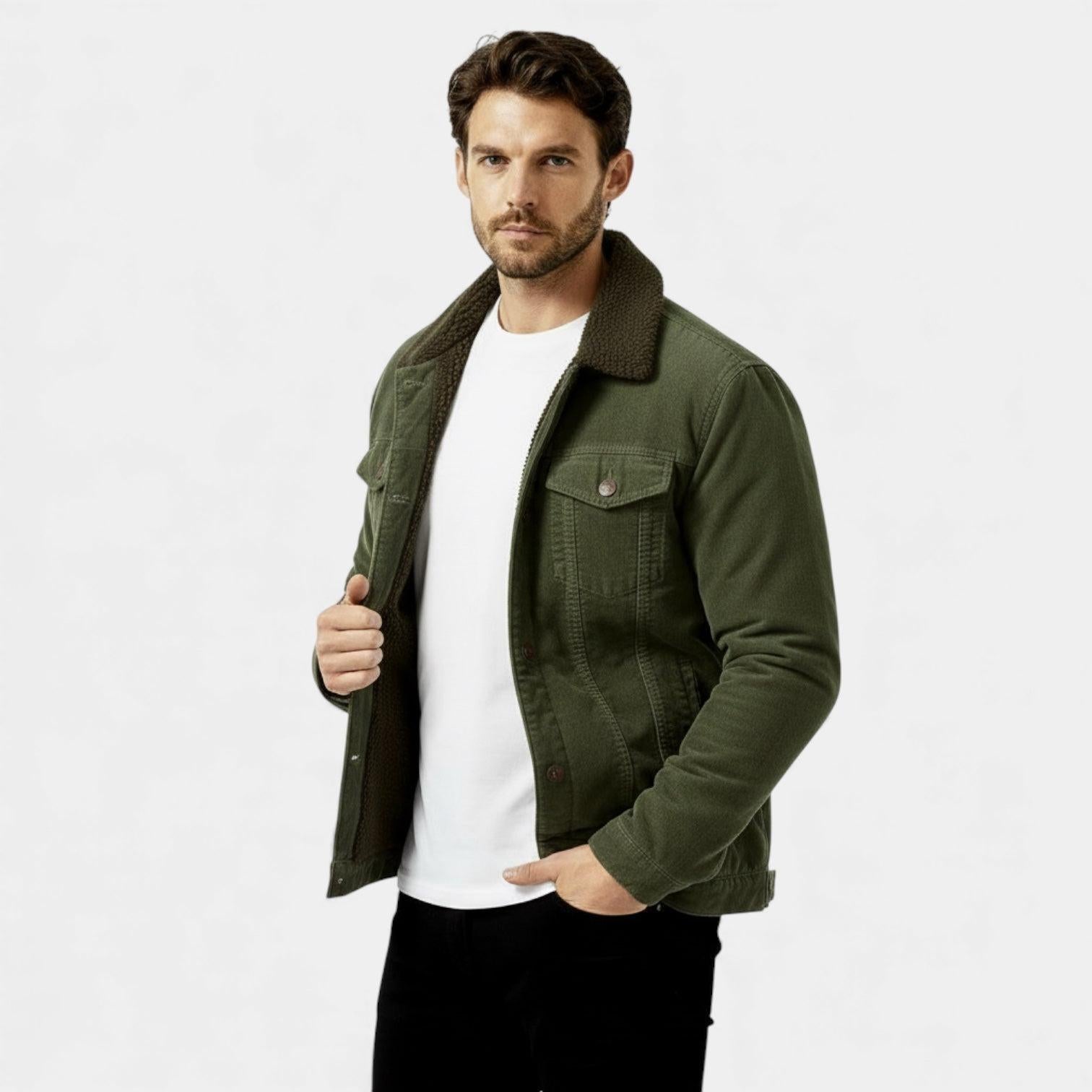 Men's Denim Winter Jacket with Sherpa Lining - Classic Button-Up Style for Cold Weather Wear