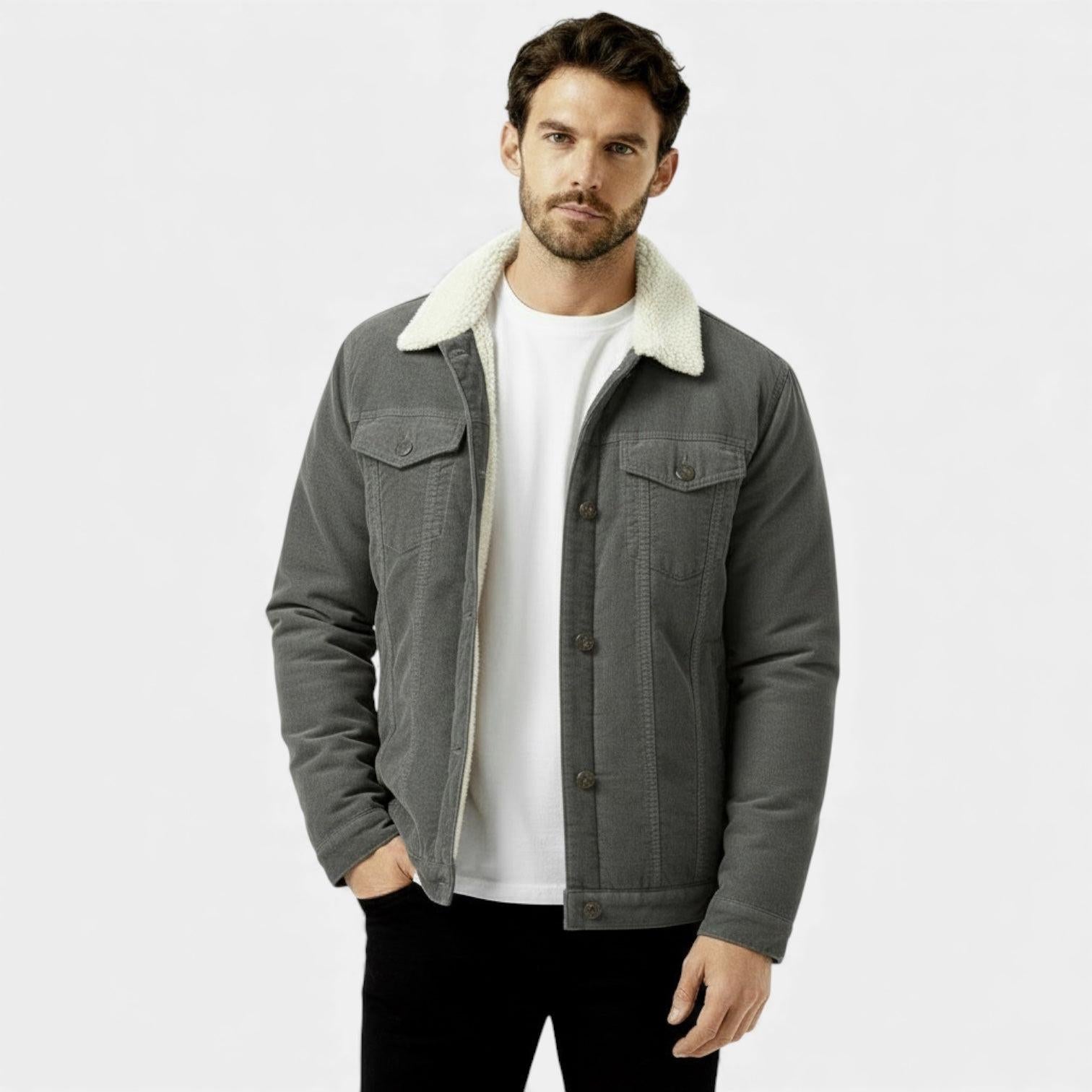 Men's Denim Winter Jacket with Sherpa Lining - Classic Button-Up Style for Cold Weather Wear
