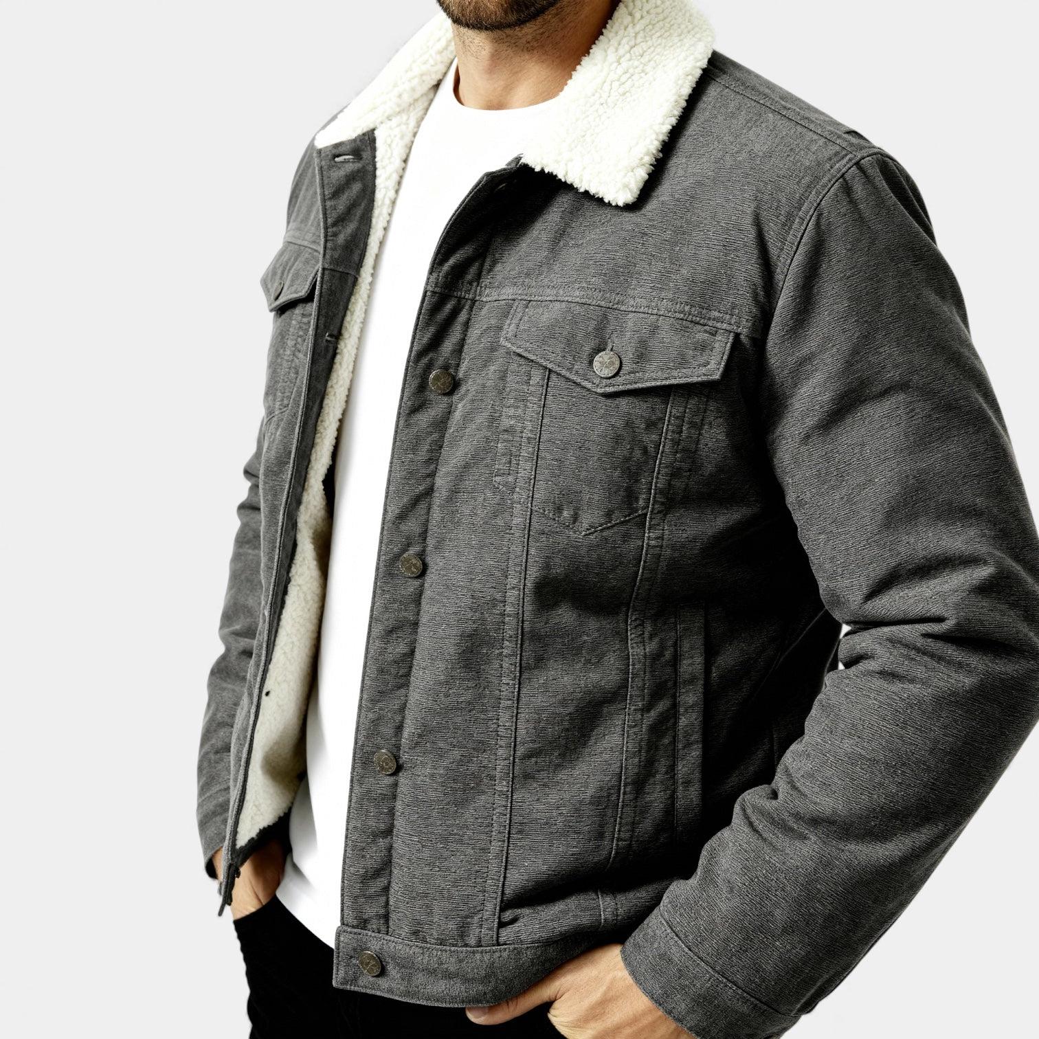 Men's Denim Winter Jacket with Sherpa Lining - Classic Button-Up Style for Cold Weather Wear