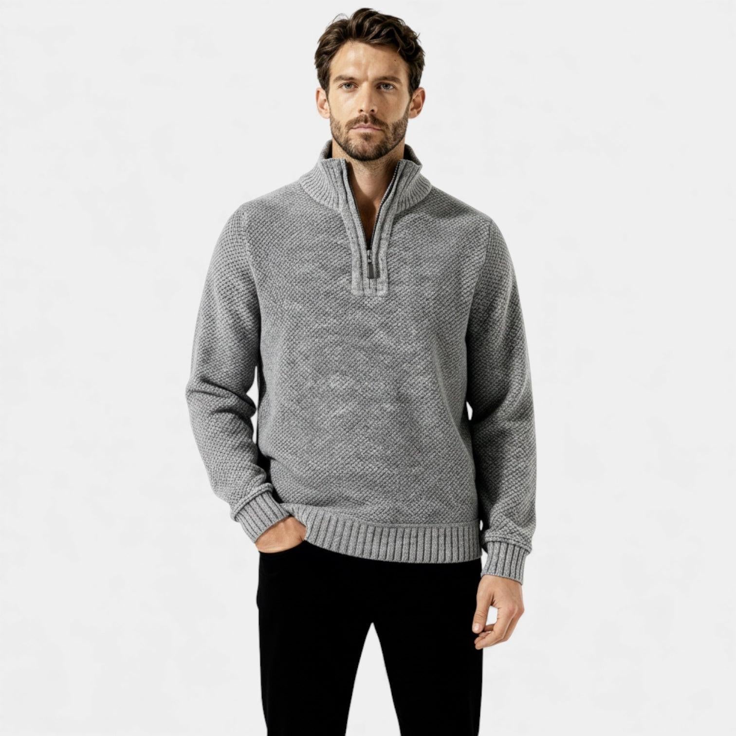 Men's Fleece Knit Quarter-Zip Sweater with Textured Design and Stand Collar for Casual Wear
