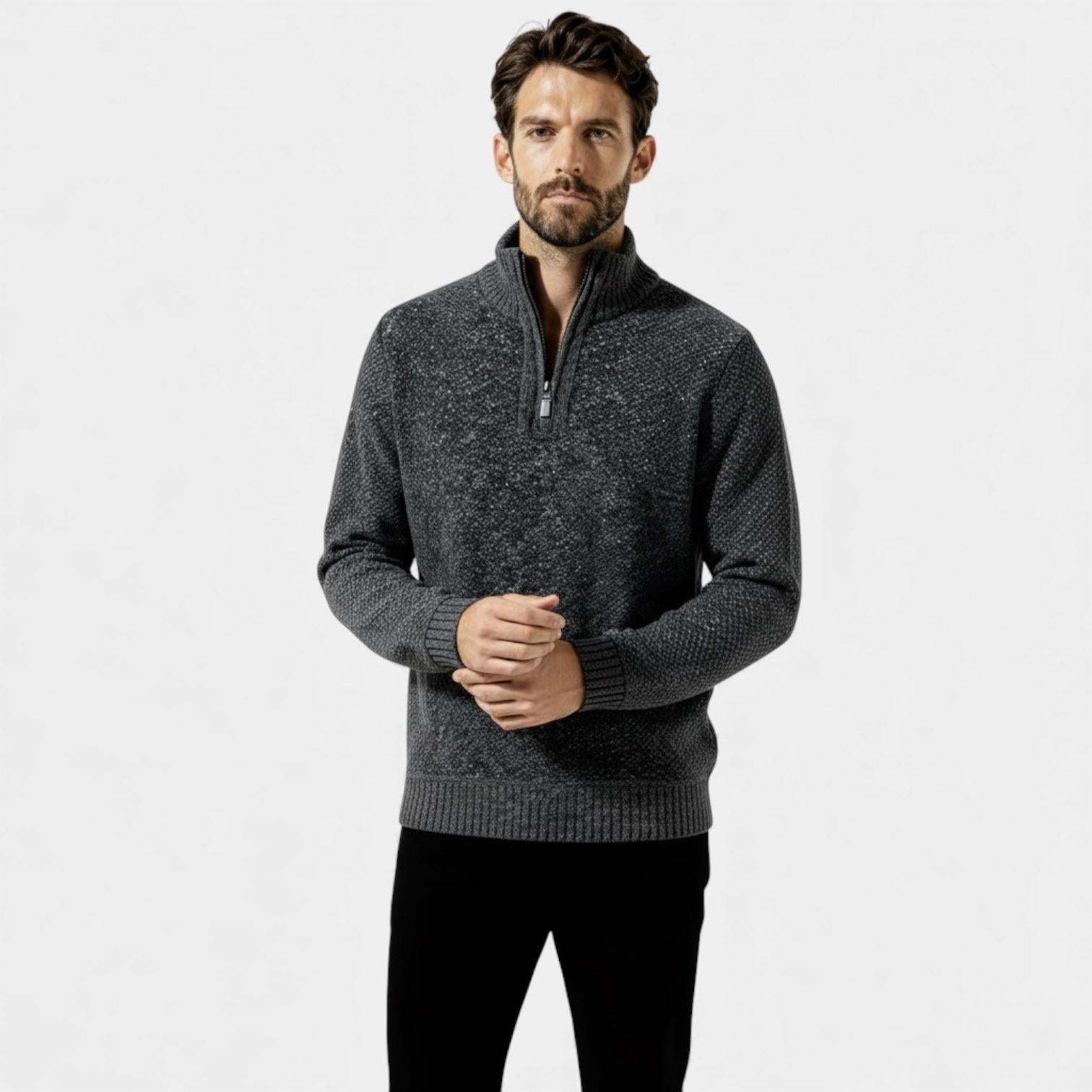 Men's Fleece Knit Quarter-Zip Sweater with Textured Design and Stand Collar for Casual Wear
