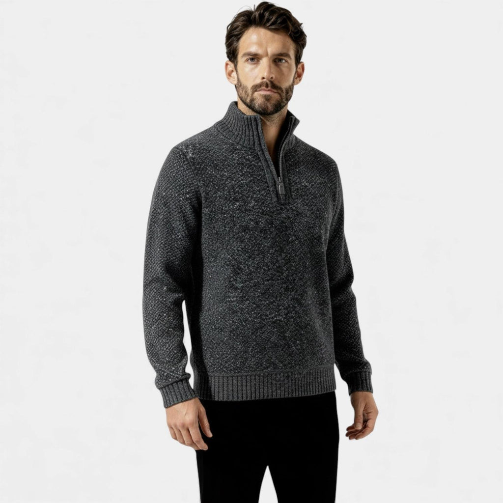 Men's Fleece Knit Quarter-Zip Sweater with Textured Design and Stand Collar for Casual Wear