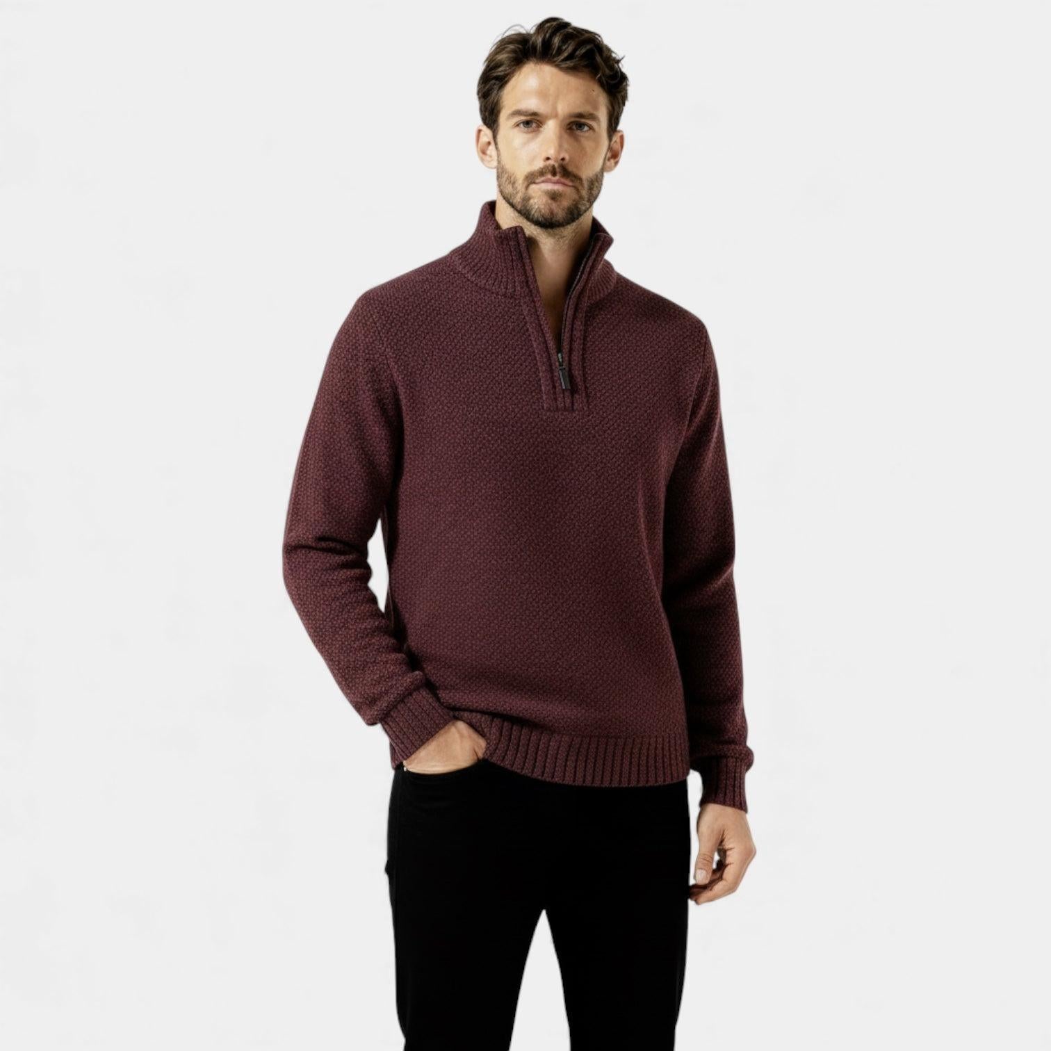 Men's Fleece Knit Quarter-Zip Sweater with Textured Design and Stand Collar for Casual Wear