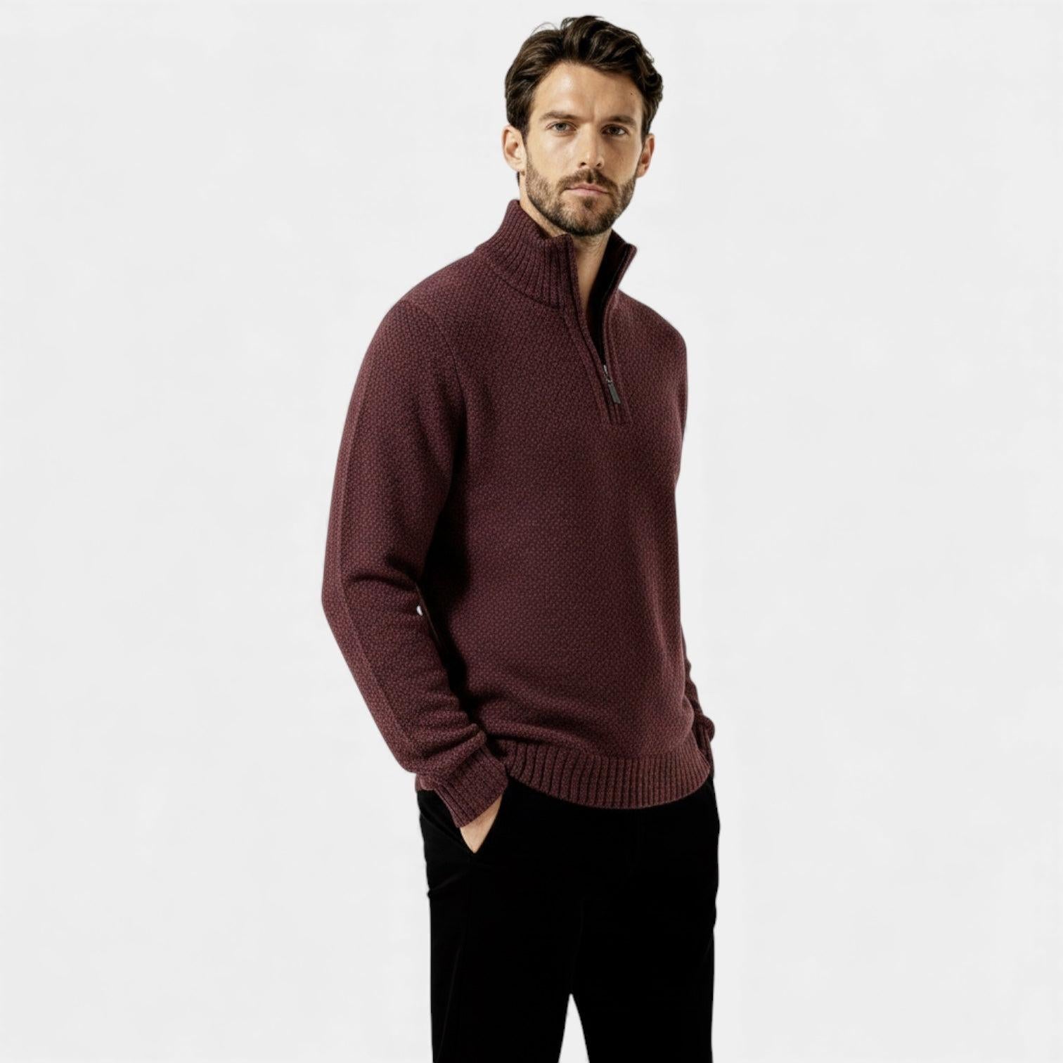 Men's Fleece Knit Quarter-Zip Sweater with Textured Design and Stand Collar for Casual Wear