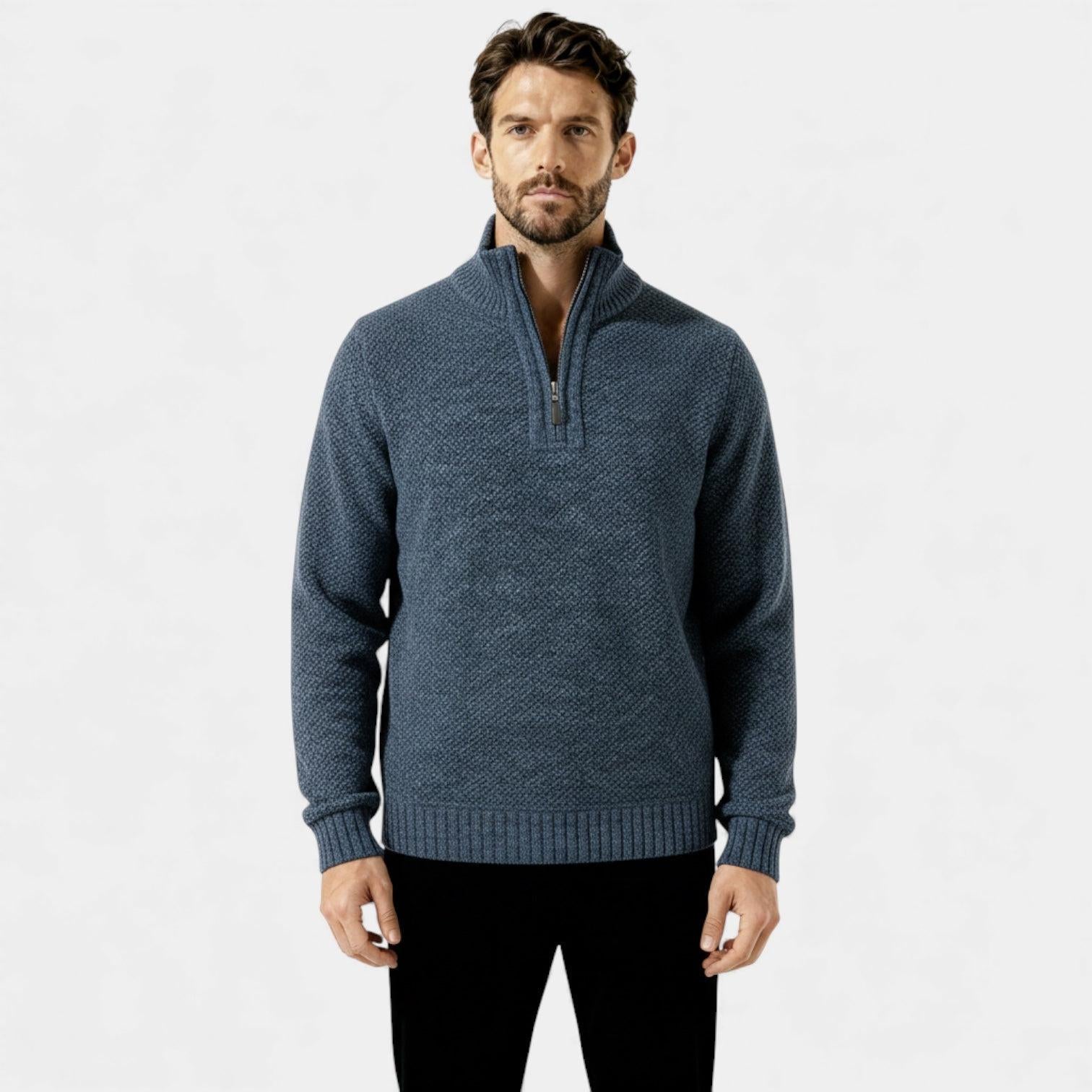 Men's Fleece Knit Quarter-Zip Sweater with Textured Design and Stand Collar for Casual Wear