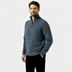 Men's Fleece Knit Quarter-Zip Sweater with Textured Design and Stand Collar for Casual Wear