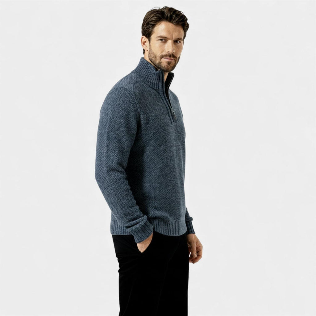 Men's Fleece Knit Quarter-Zip Sweater with Textured Design and Stand Collar for Casual Wear
