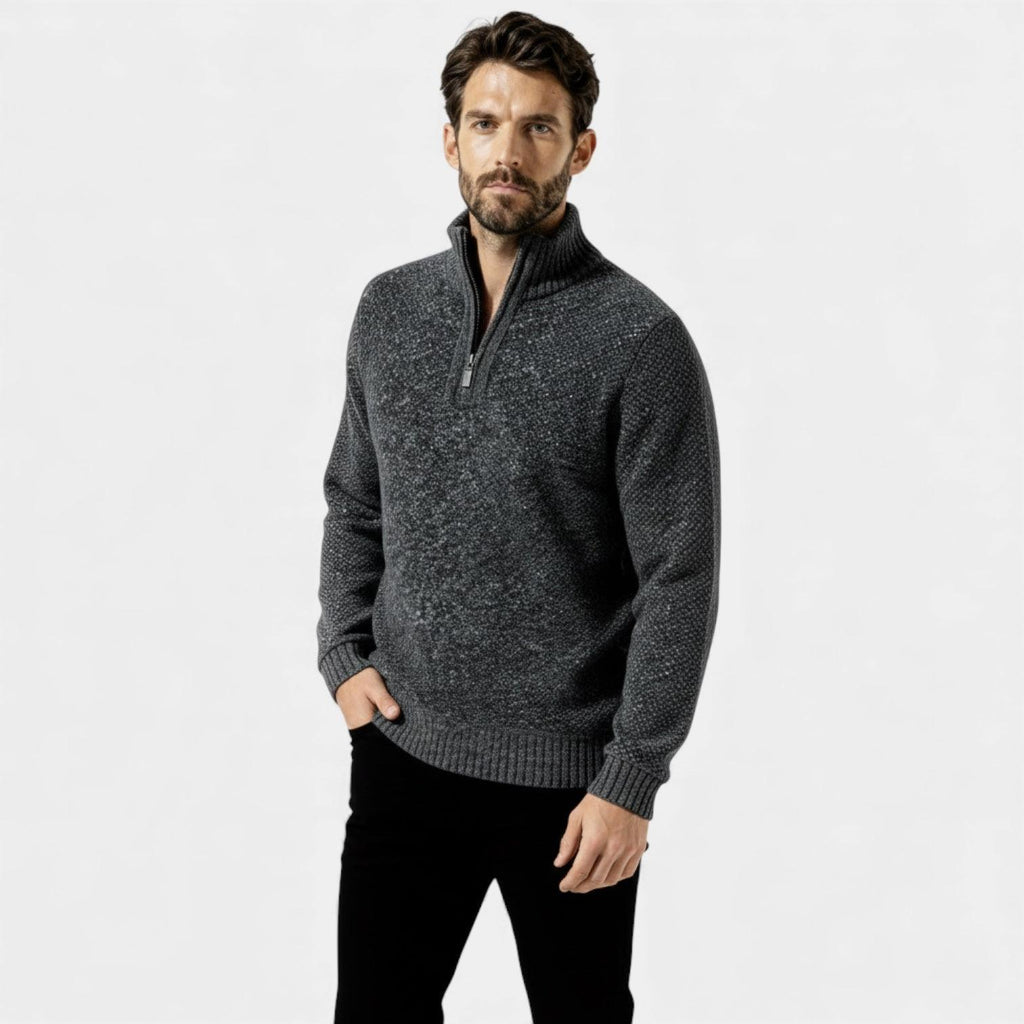 Men's Fleece Knit Quarter-Zip Sweater with Textured Design and Stand Collar for Casual Wear