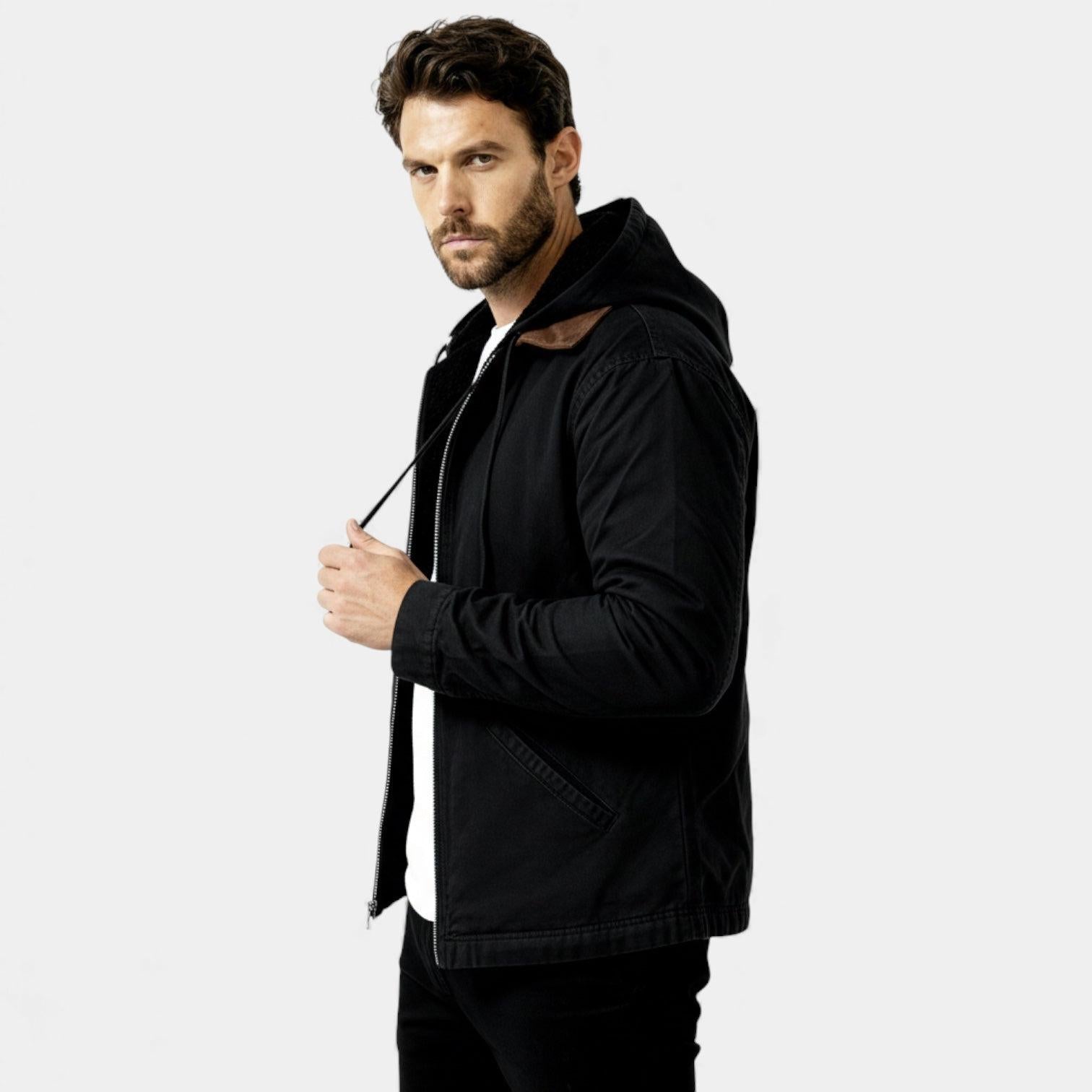 Men's Fleece-Lined Hooded Utility Jacket for Winter Outdoor Activities