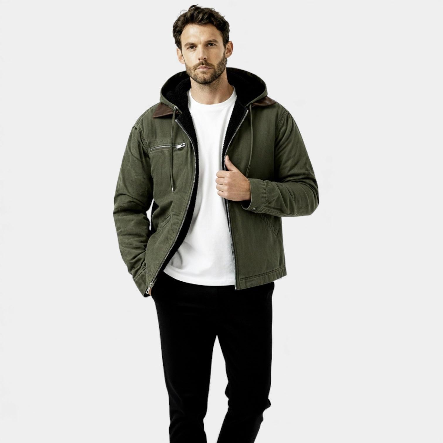 Men's Fleece-Lined Hooded Utility Jacket for Winter Outdoor Activities