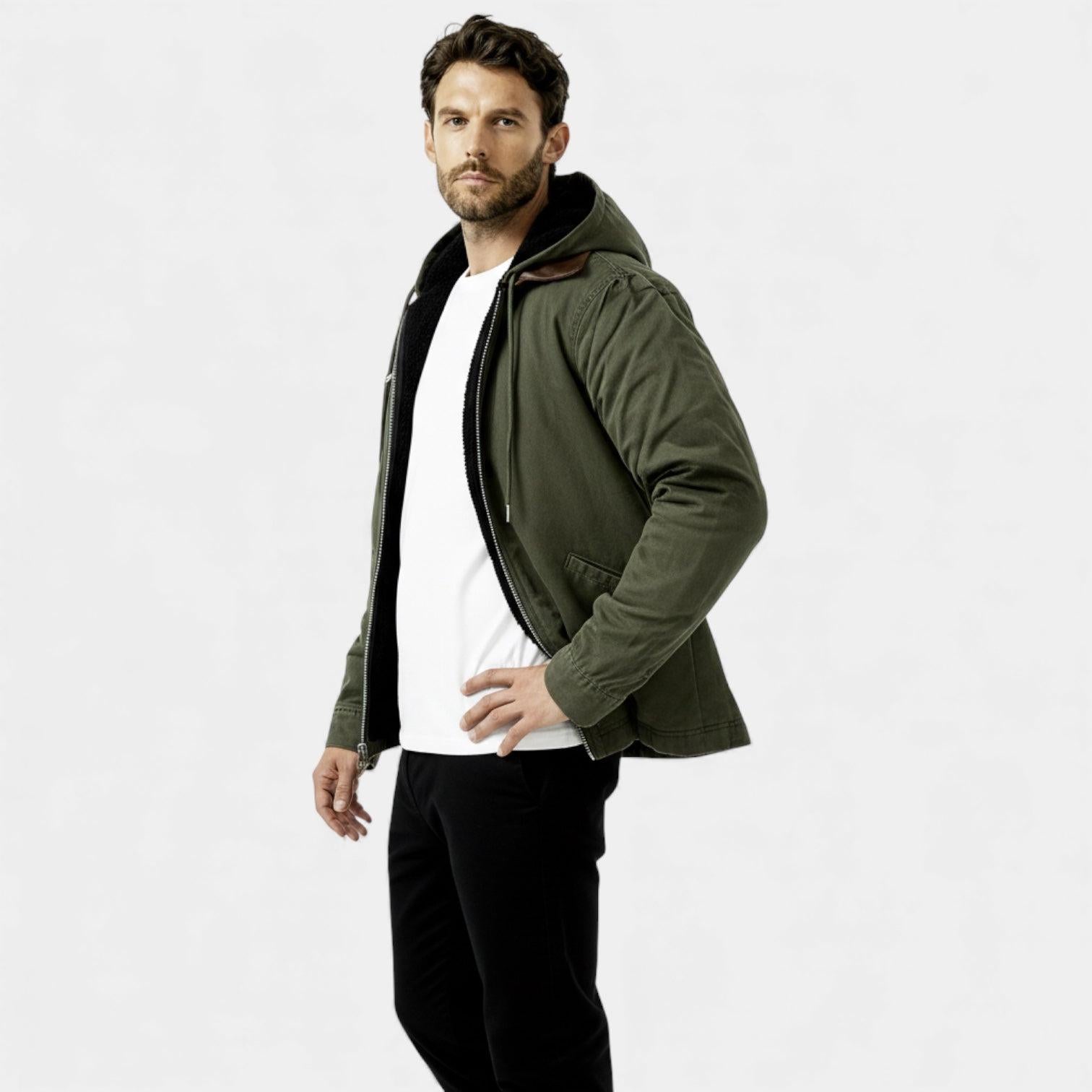 Men's Fleece-Lined Hooded Utility Jacket for Winter Outdoor Activities