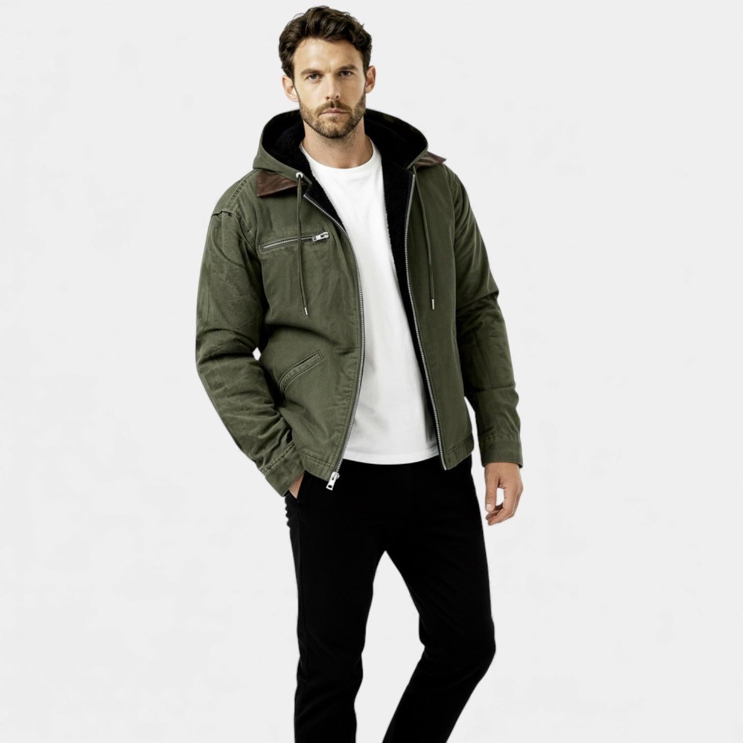 Men's Fleece-Lined Hooded Utility Jacket for Winter Outdoor Activities