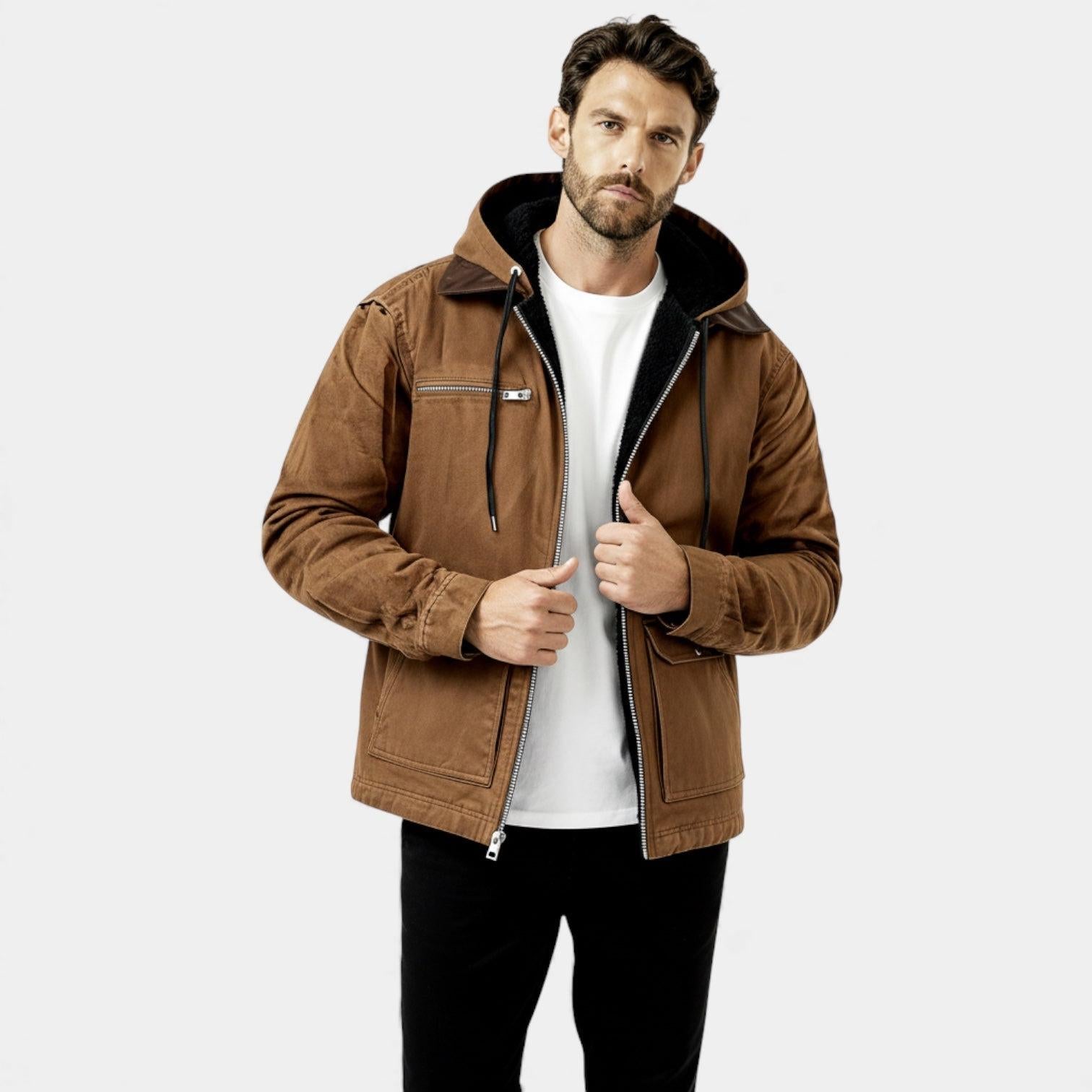 Men's Fleece-Lined Hooded Utility Jacket for Winter Outdoor Activities