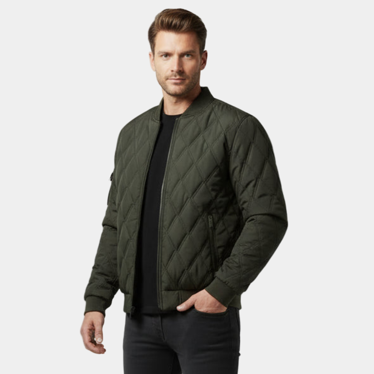 Men's Fleece-Lined Quilted Bomber Jacket - Warm Winter Outerwear for Cold Weather