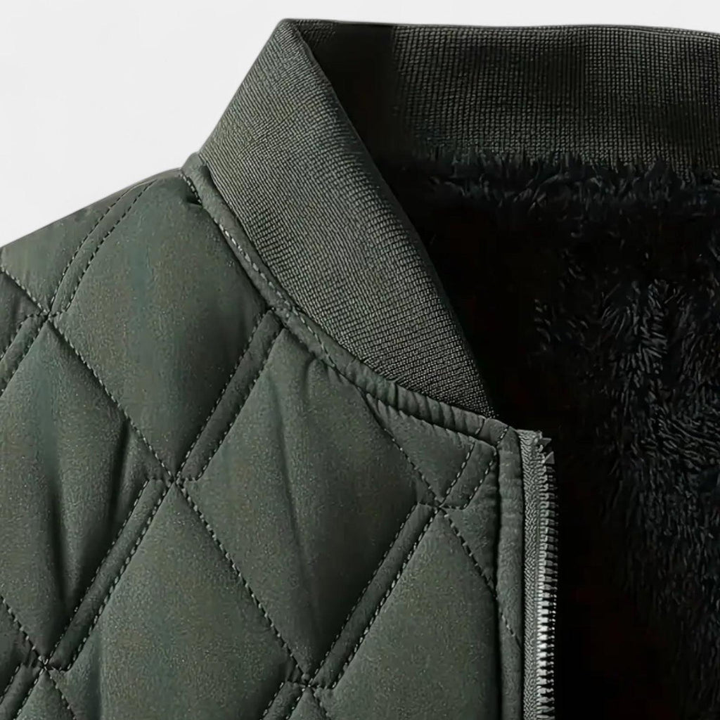 Men's Fleece-Lined Quilted Bomber Jacket - Warm Winter Outerwear for Cold Weather