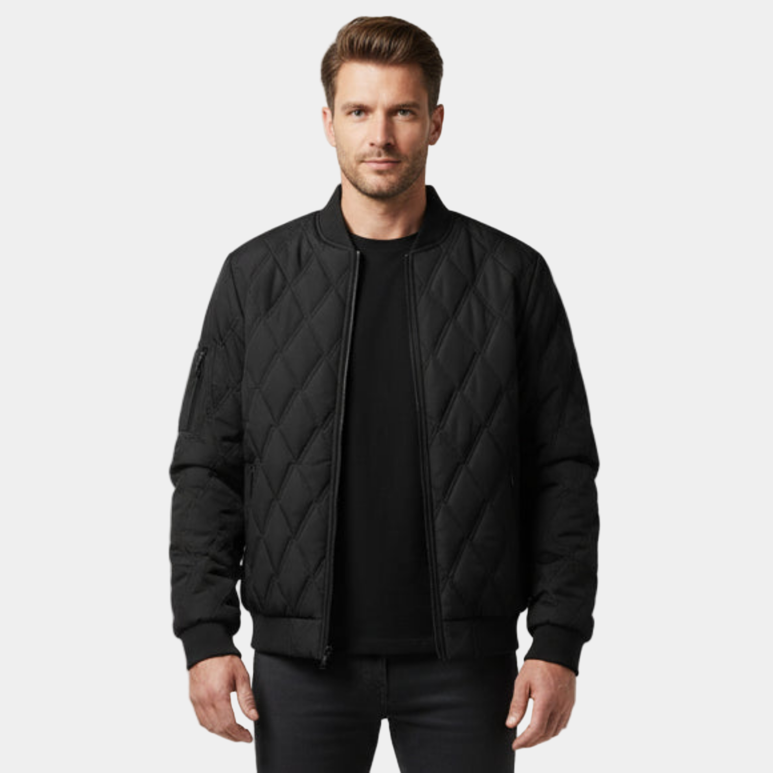 Men's Fleece-Lined Quilted Bomber Jacket - Warm Winter Outerwear for Cold Weather