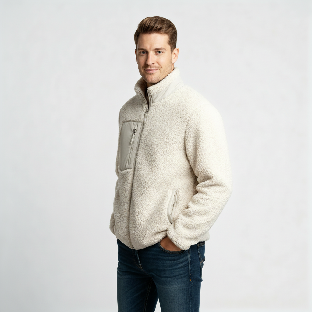 Men's Full-Zip Fleece Jacket - Soft Polyester Fabric - Casual Style - Ideal for Outdoor Activities and Layering