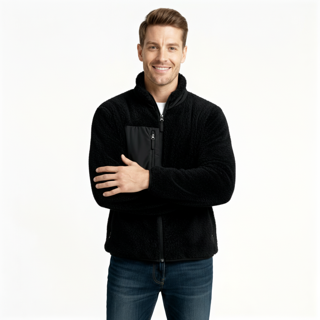 Men's Full-Zip Fleece Jacket - Soft Polyester Fabric - Casual Style - Ideal for Outdoor Activities and Layering
