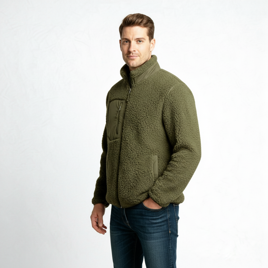 Men's Full-Zip Fleece Jacket - Soft Polyester Fabric - Casual Style - Ideal for Outdoor Activities and Layering