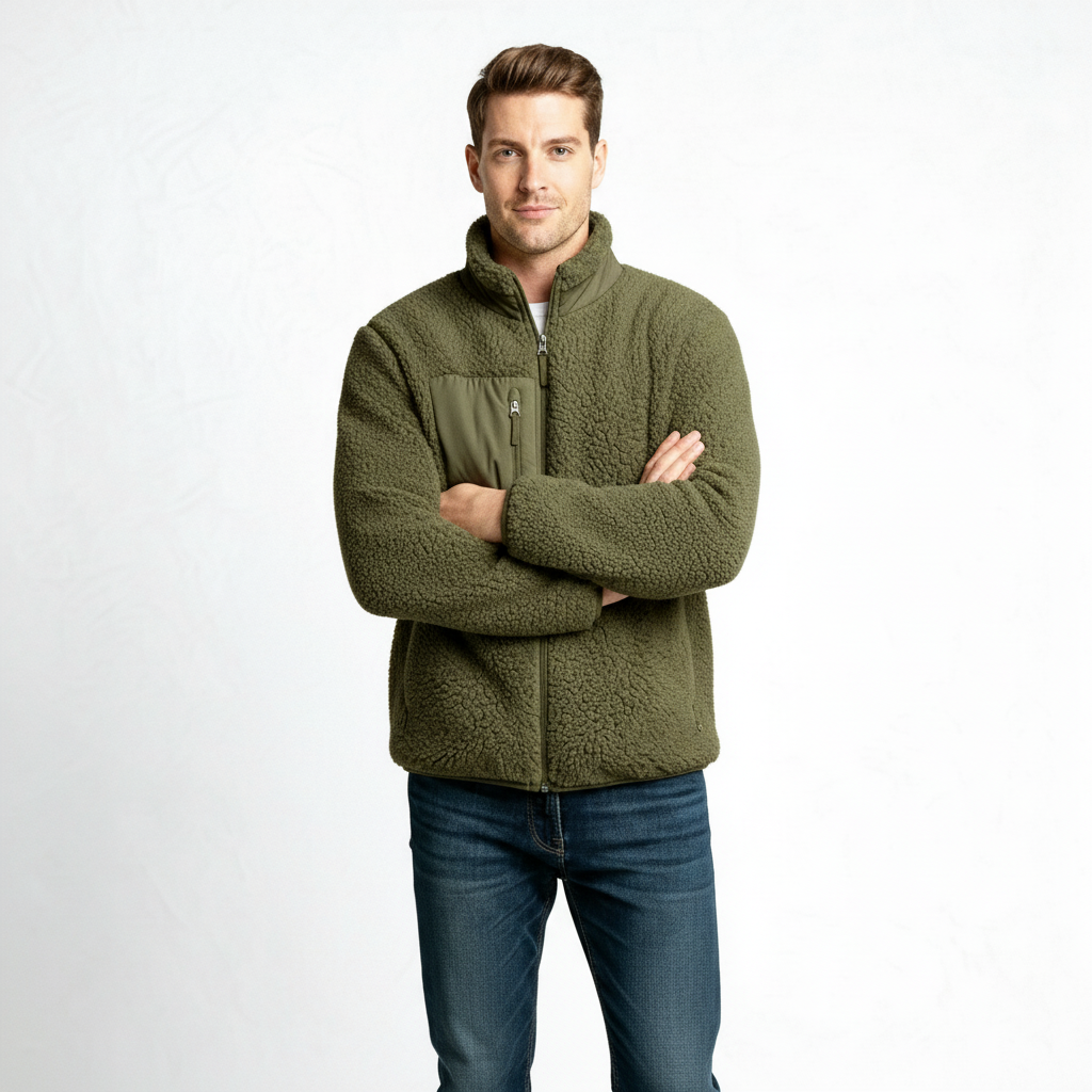 Men's Full-Zip Fleece Jacket - Soft Polyester Fabric - Casual Style - Ideal for Outdoor Activities and Layering